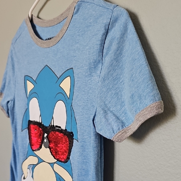 Sonic The Hedgehog Sequin Glasses Kids Blue Short Sleeve Ringer T-Shirt - Picture 4 of 7